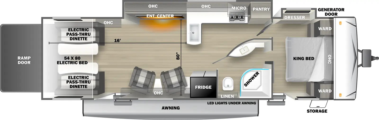 The 3030SLT travel trailer has 2 slideouts on the off-door side, 2 entry doors and 1 rear ramp door. Exterior features include an awning with LED lights, front door side storage and front off-door side generator door. Interior layout from front to back includes: front bedroom with foot-facing King bed, shelf over the bed, front corner wardrobes, off-door side slideout holding a dresser and door side entry door to outside; door side pass through bathroom with radius shower, toilet, and curved wall vanity; off-door side slideout holding L-shaped kitchen countertop with front facing sink, overhead cabinet, overhead microwave, stovetop and pantry and entertainment center with overhead cabinet; door side refrigerator; 2 door side recliners with end table; ceiling fan over cargo area; and rear 54 x 80 electric bed over electric pass-through dinette. Cargo length from rear of unit to kitchen countertop is 16 ft. Cargo width from entertainment center to door side wall is 80 inches.